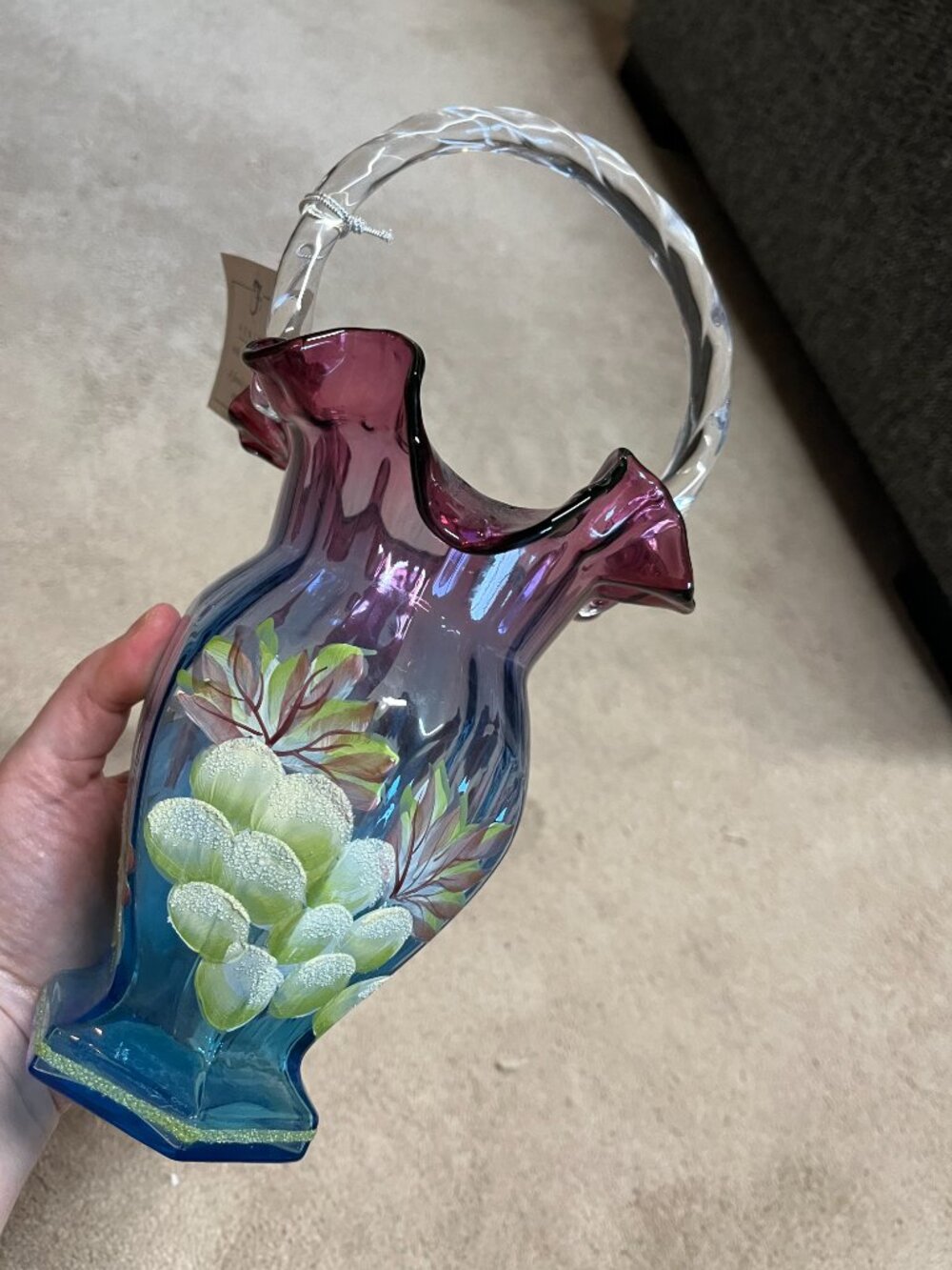 Fenton Art Glass Hand Painted Cobalt Blue Plum Vase Basket Lynn Fenton L Everson